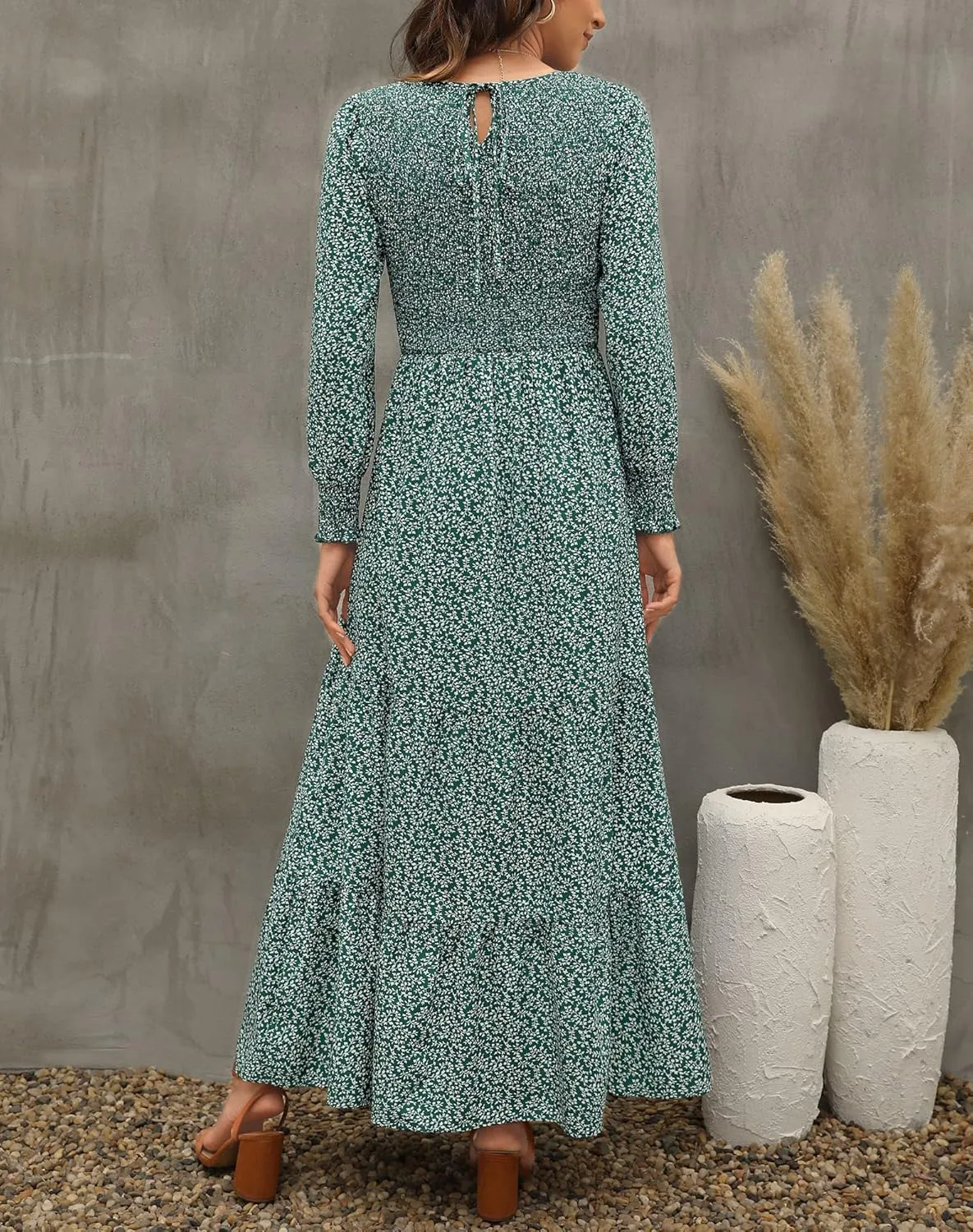 Annebouti Women's Spring Casual Long Sleeve Maxi Dress Boho Floral Smocked A-Line Modest Wedding Guest Long Dresses