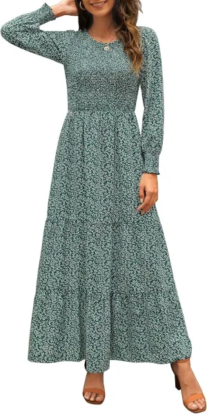 Annebouti Women's Spring Casual Long Sleeve Maxi Dress Boho Floral Smocked A-Line Modest Wedding Guest Long Dresses