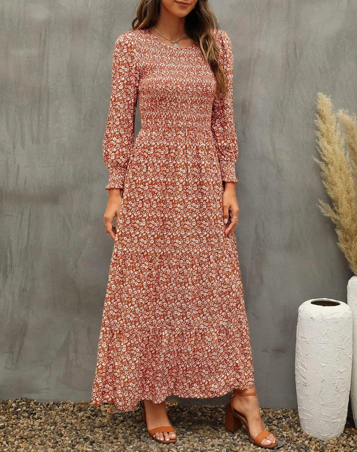 Annebouti Women's Spring Casual Long Sleeve Maxi Dress Boho Floral Smocked A-Line Modest Wedding Guest Long Dresses
