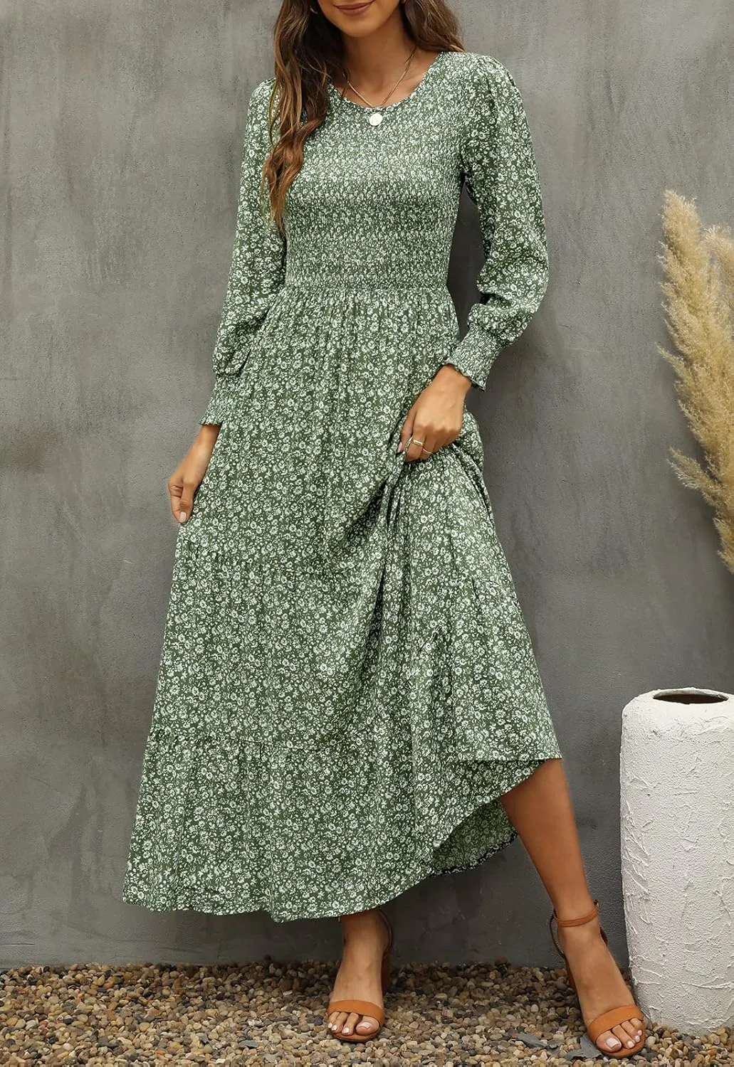 Annebouti Women's Spring Casual Long Sleeve Maxi Dress Boho Floral Smocked A-Line Modest Wedding Guest Long Dresses