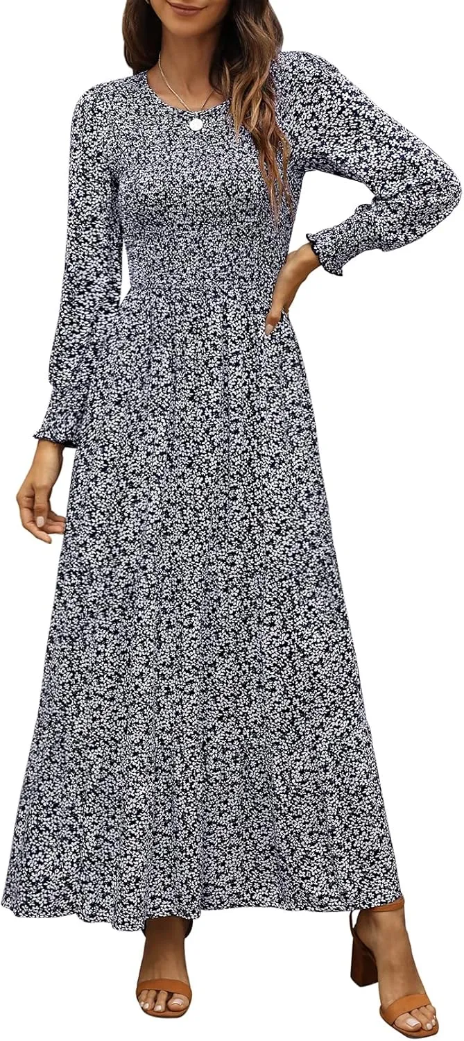 Annebouti Women's Spring Casual Long Sleeve Maxi Dress Boho Floral Smocked A-Line Modest Wedding Guest Long Dresses