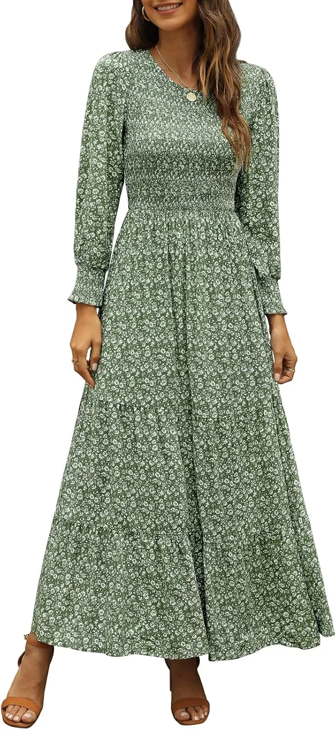 Annebouti Women's Spring Casual Long Sleeve Maxi Dress Boho Floral Smocked A-Line Modest Wedding Guest Long Dresses