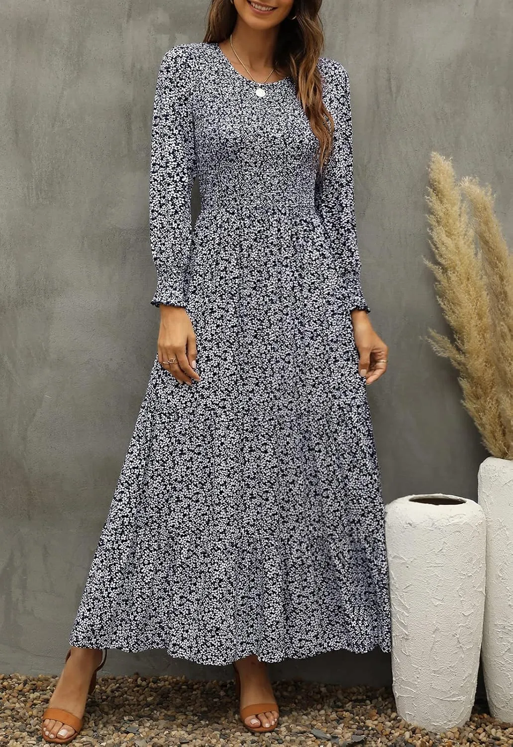Annebouti Women's Spring Casual Long Sleeve Maxi Dress Boho Floral Smocked A-Line Modest Wedding Guest Long Dresses