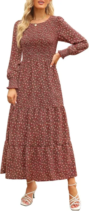 Annebouti Women's Spring Casual Long Sleeve Maxi Dress Boho Floral Smocked A-Line Modest Wedding Guest Long Dresses