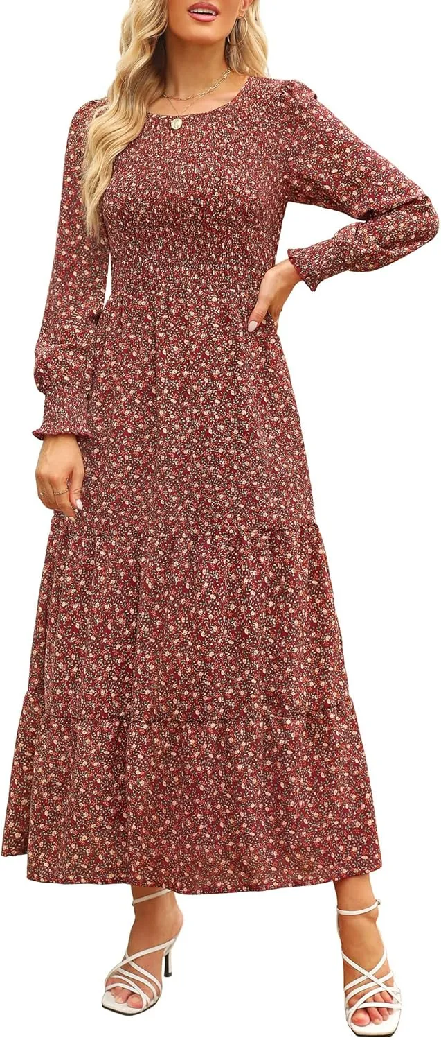 Annebouti Women's Spring Casual Long Sleeve Maxi Dress Boho Floral Smocked A-Line Modest Wedding Guest Long Dresses