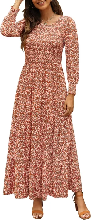 Annebouti Women's Spring Casual Long Sleeve Maxi Dress Boho Floral Smocked A-Line Modest Wedding Guest Long Dresses