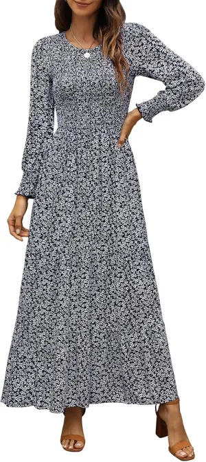 Annebouti Women's Spring Casual Long Sleeve Maxi Dress Boho Floral Smocked A-Line Modest Wedding Guest Long Dresses