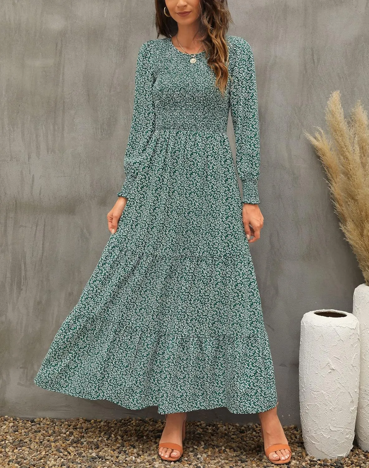 Annebouti Women's Spring Casual Long Sleeve Maxi Dress Boho Floral Smocked A-Line Modest Wedding Guest Long Dresses