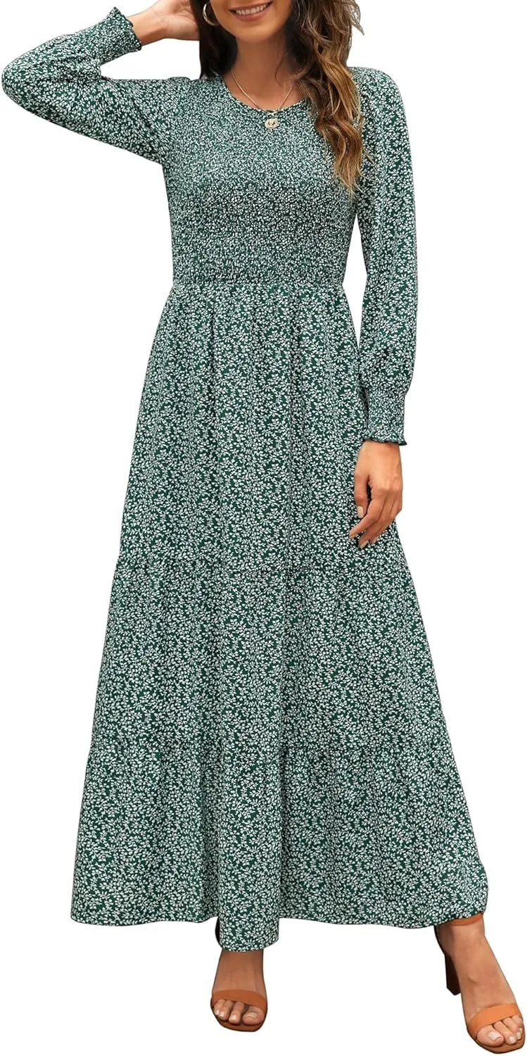 Annebouti Women's Spring Casual Long Sleeve Maxi Dress Boho Floral Smocked A-Line Modest Wedding Guest Long Dresses
