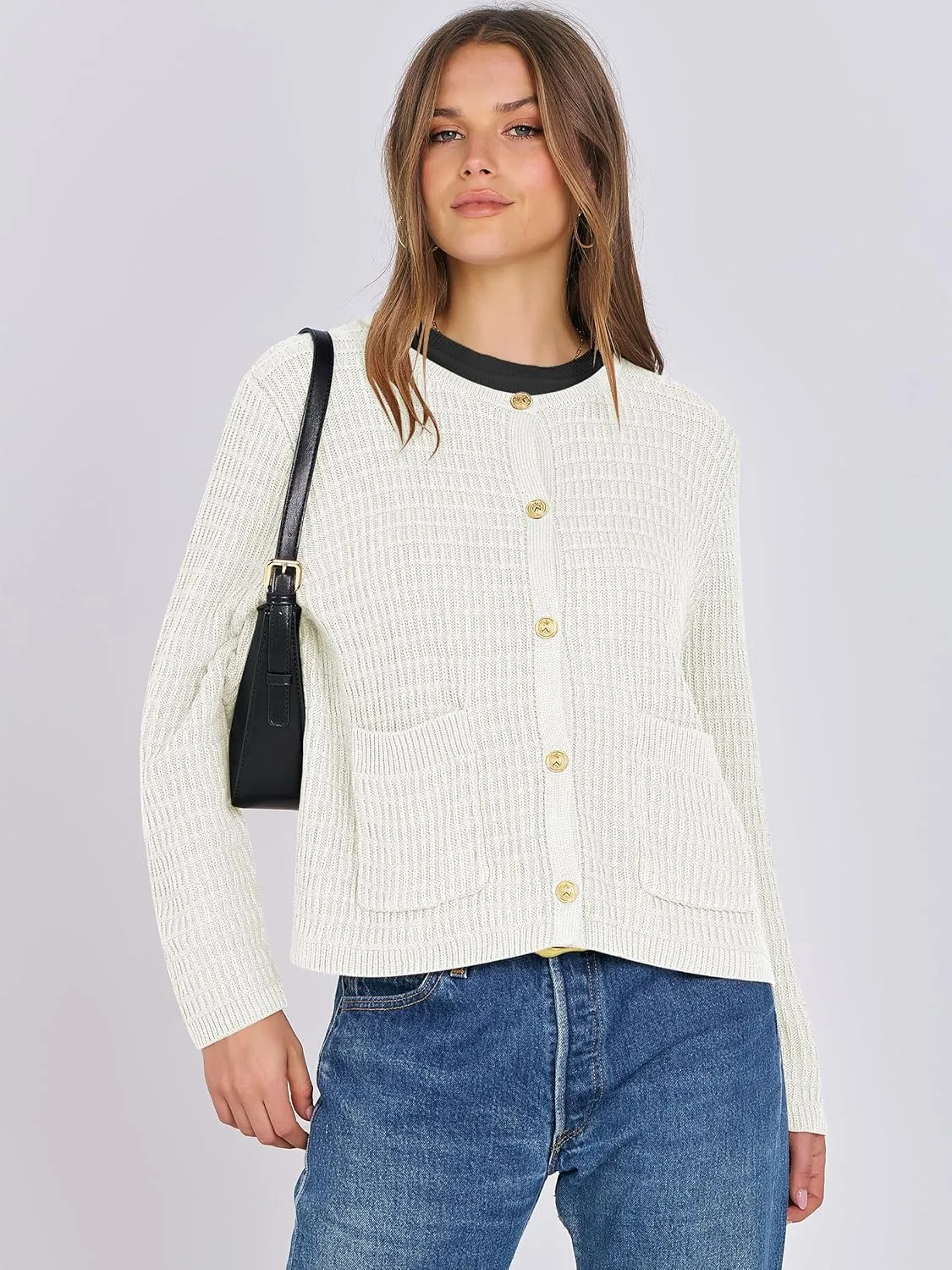 ANRABESS Women Cardigan Sweater Dressy Casual Classic Long Sleeve Crew Neck Button Down Tweed Knit Jacket 2025 Spring Outfits