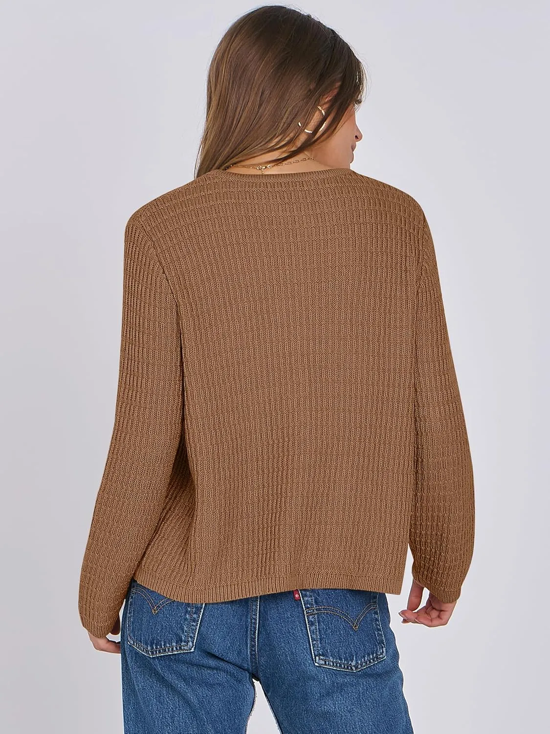 ANRABESS Women Cardigan Sweater Dressy Casual Classic Long Sleeve Crew Neck Button Down Tweed Knit Jacket 2025 Spring Outfits