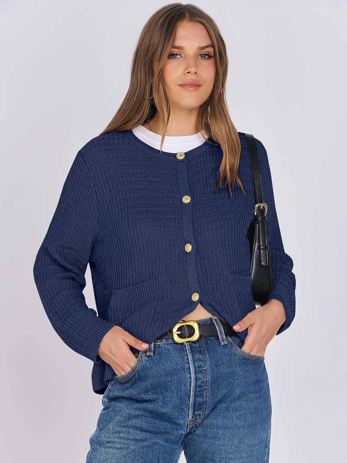 ANRABESS Women Cardigan Sweater Dressy Casual Classic Long Sleeve Crew Neck Button Down Tweed Knit Jacket 2025 Spring Outfits
