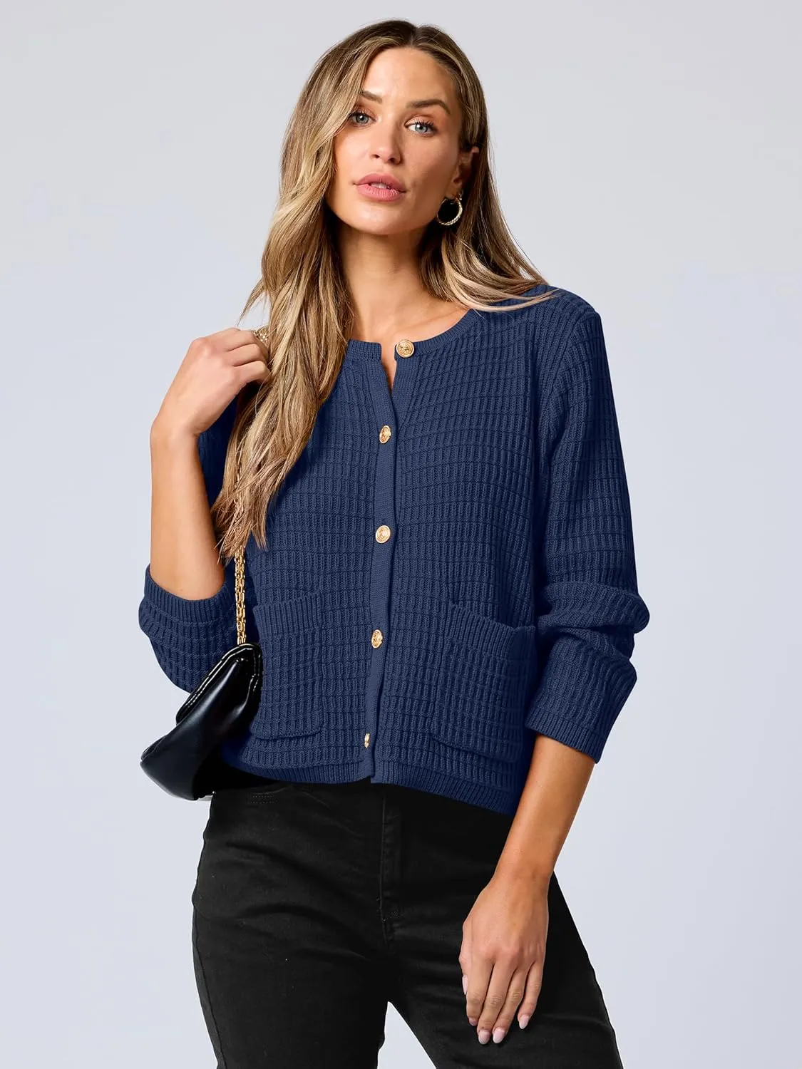 ANRABESS Women Cardigan Sweater Dressy Casual Classic Long Sleeve Crew Neck Button Down Tweed Knit Jacket 2025 Spring Outfits