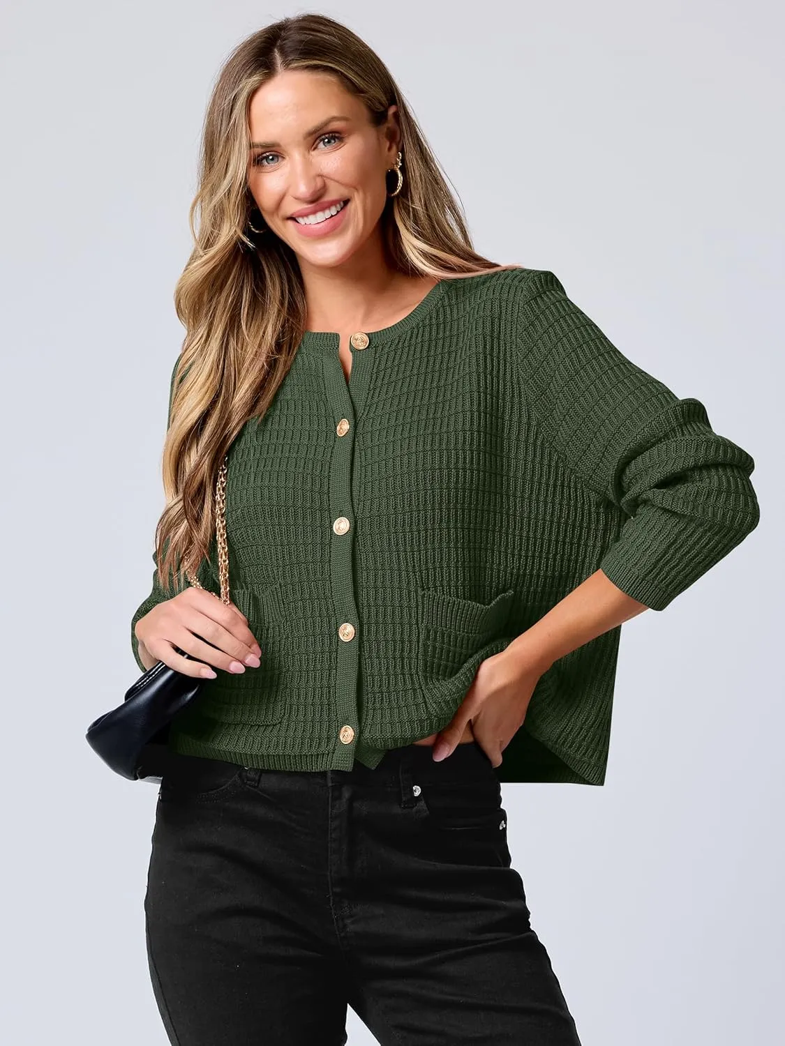 ANRABESS Women Cardigan Sweater Dressy Casual Classic Long Sleeve Crew Neck Button Down Tweed Knit Jacket 2025 Spring Outfits
