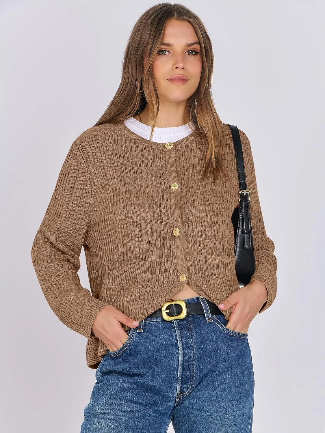 ANRABESS Women Cardigan Sweater Dressy Casual Classic Long Sleeve Crew Neck Button Down Tweed Knit Jacket 2025 Spring Outfits