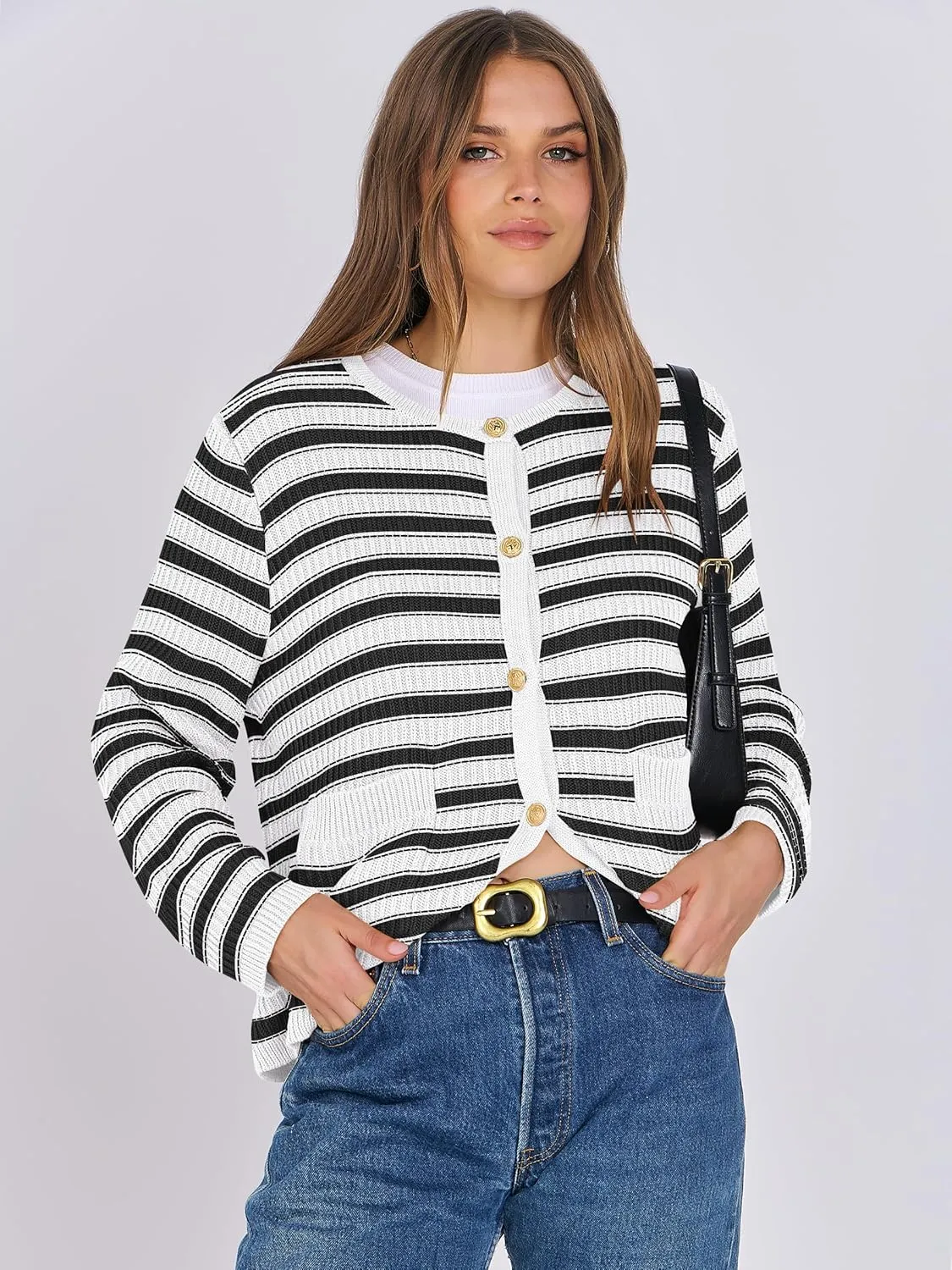 ANRABESS Women Cardigan Sweater Dressy Casual Classic Long Sleeve Crew Neck Button Down Tweed Knit Jacket 2025 Spring Outfits