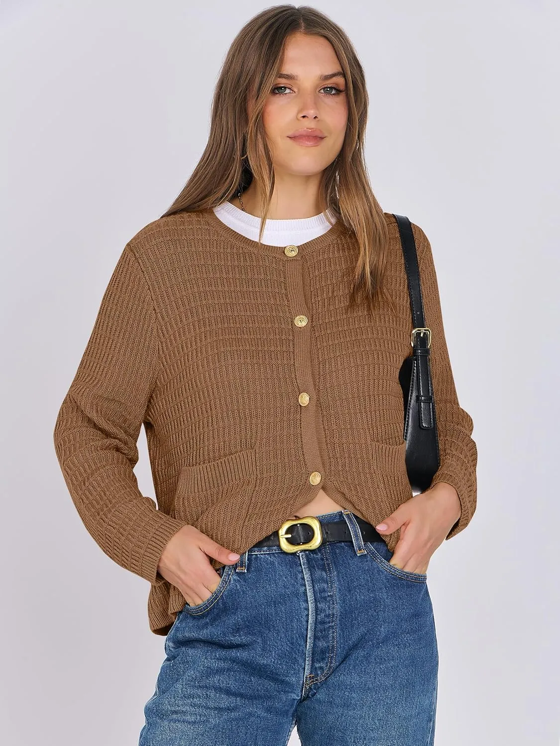 ANRABESS Women Cardigan Sweater Dressy Casual Classic Long Sleeve Crew Neck Button Down Tweed Knit Jacket 2025 Spring Outfits