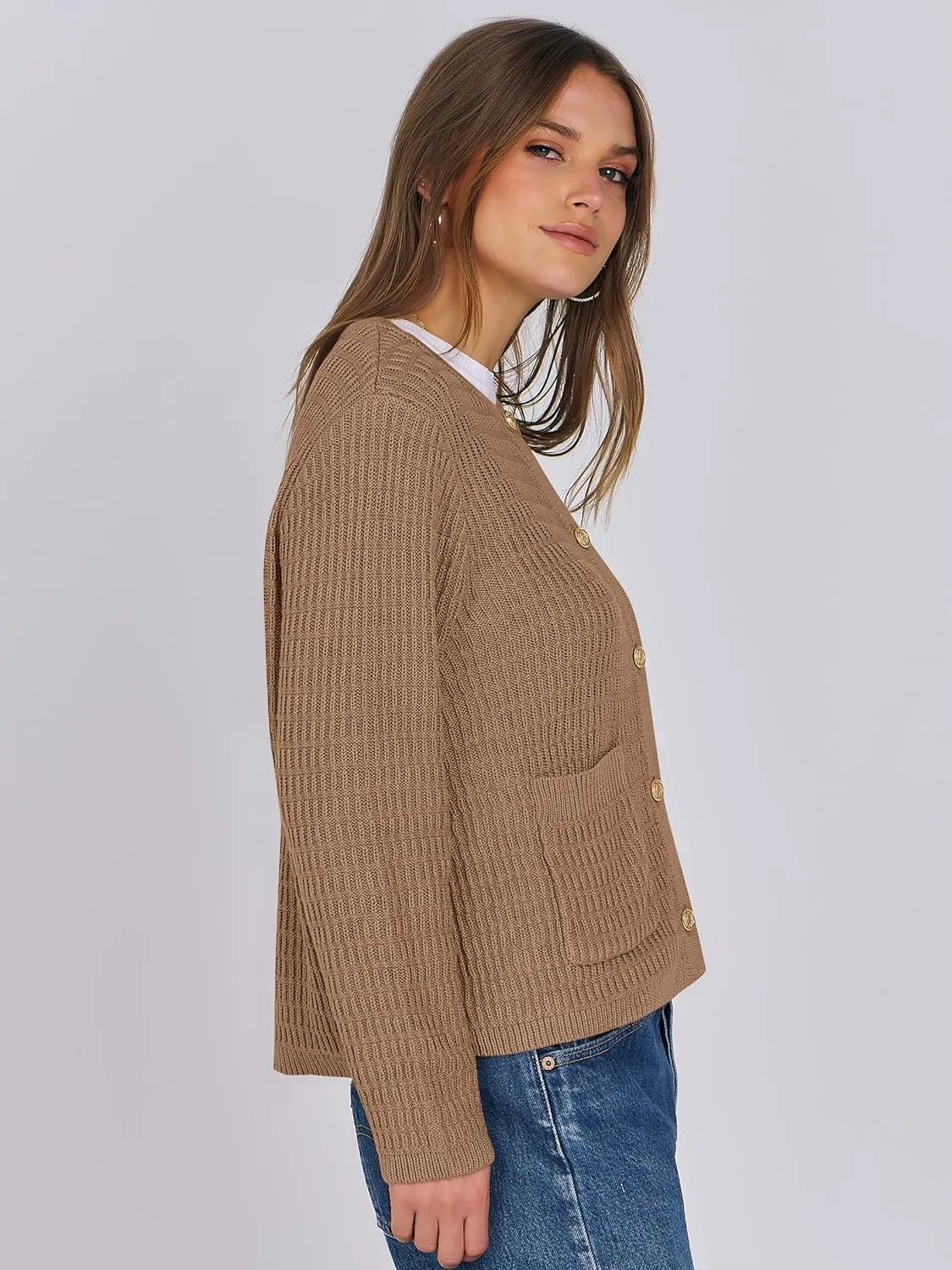ANRABESS Women Cardigan Sweater Dressy Casual Classic Long Sleeve Crew Neck Button Down Tweed Knit Jacket 2025 Spring Outfits