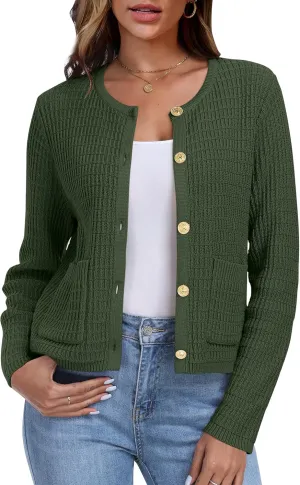 ANRABESS Women Cardigan Sweater Dressy Casual Classic Long Sleeve Crew Neck Button Down Tweed Knit Jacket 2025 Spring Outfits