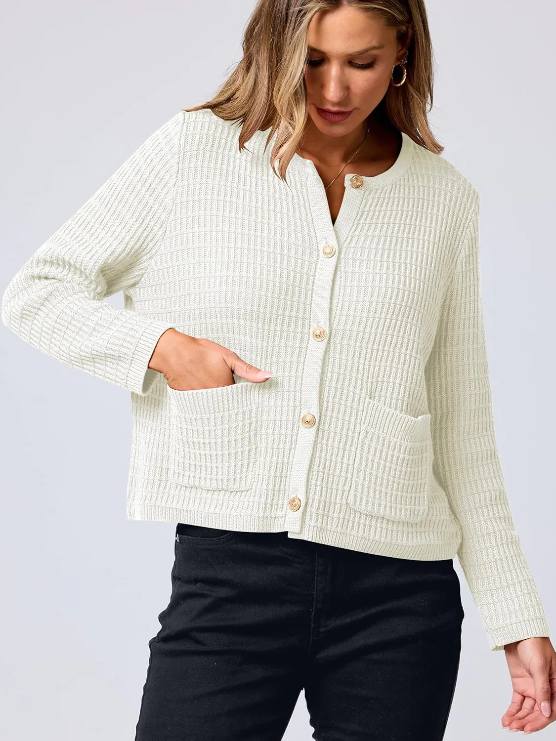 ANRABESS Women Cardigan Sweater Dressy Casual Classic Long Sleeve Crew Neck Button Down Tweed Knit Jacket 2025 Spring Outfits