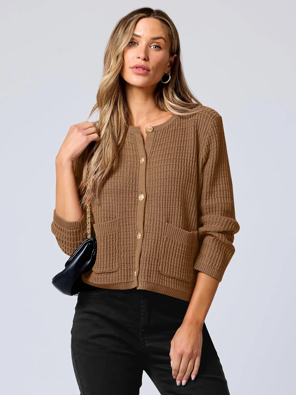 ANRABESS Women Cardigan Sweater Dressy Casual Classic Long Sleeve Crew Neck Button Down Tweed Knit Jacket 2025 Spring Outfits