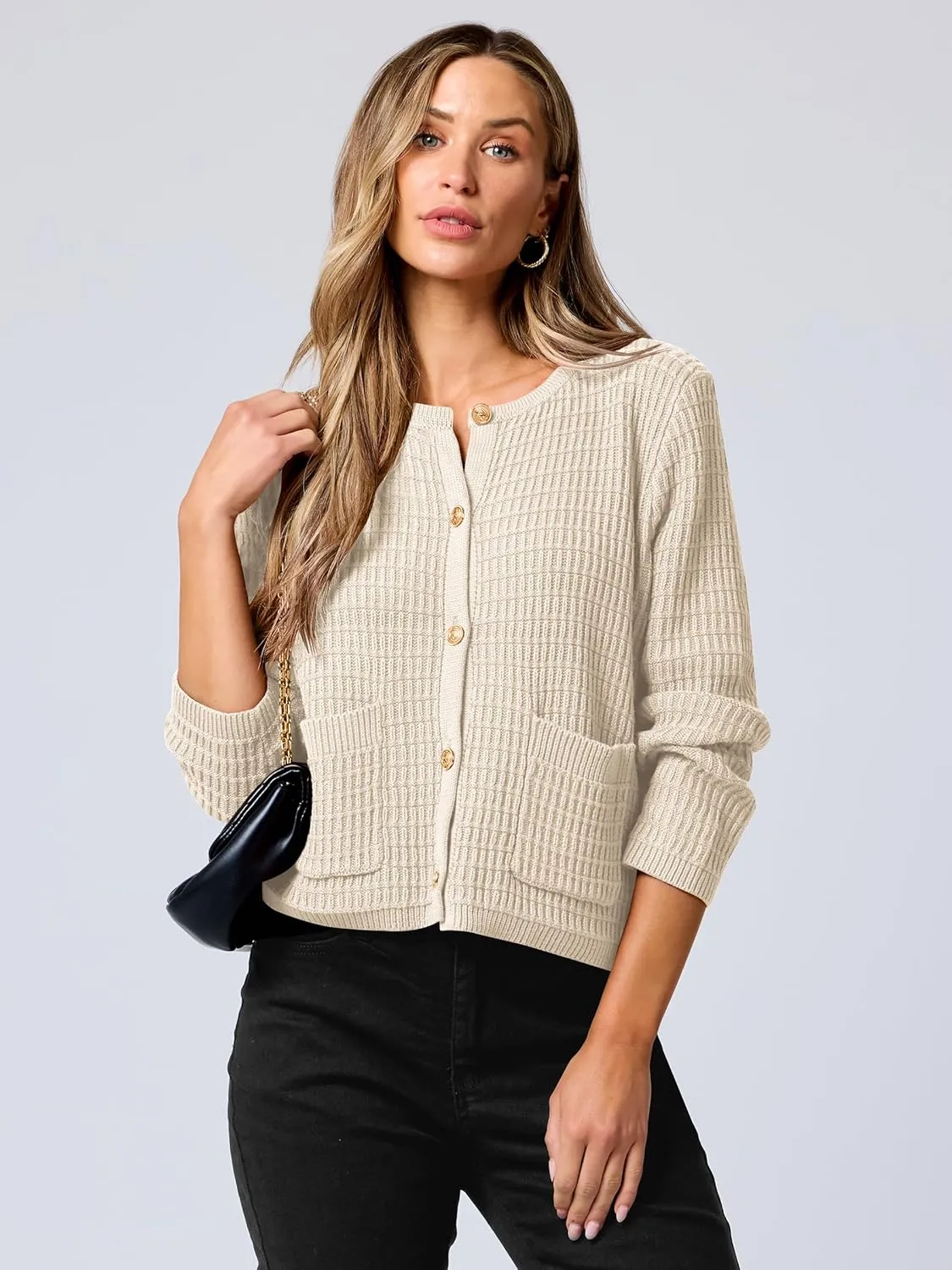 ANRABESS Women Cardigan Sweater Dressy Casual Classic Long Sleeve Crew Neck Button Down Tweed Knit Jacket 2025 Spring Outfits