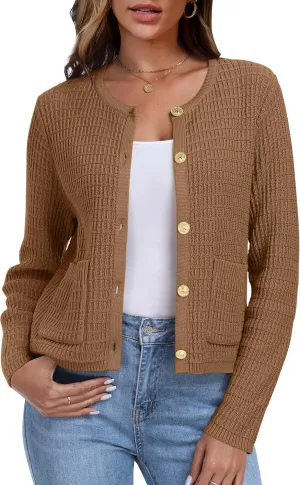 ANRABESS Women Cardigan Sweater Dressy Casual Classic Long Sleeve Crew Neck Button Down Tweed Knit Jacket 2025 Spring Outfits
