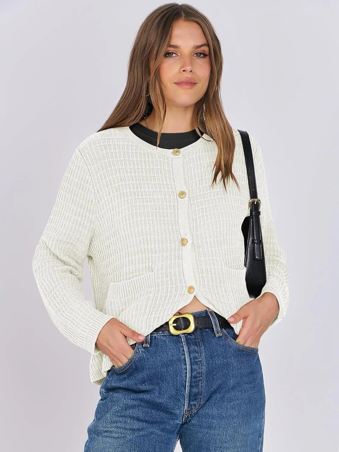 ANRABESS Women Cardigan Sweater Dressy Casual Classic Long Sleeve Crew Neck Button Down Tweed Knit Jacket 2025 Spring Outfits