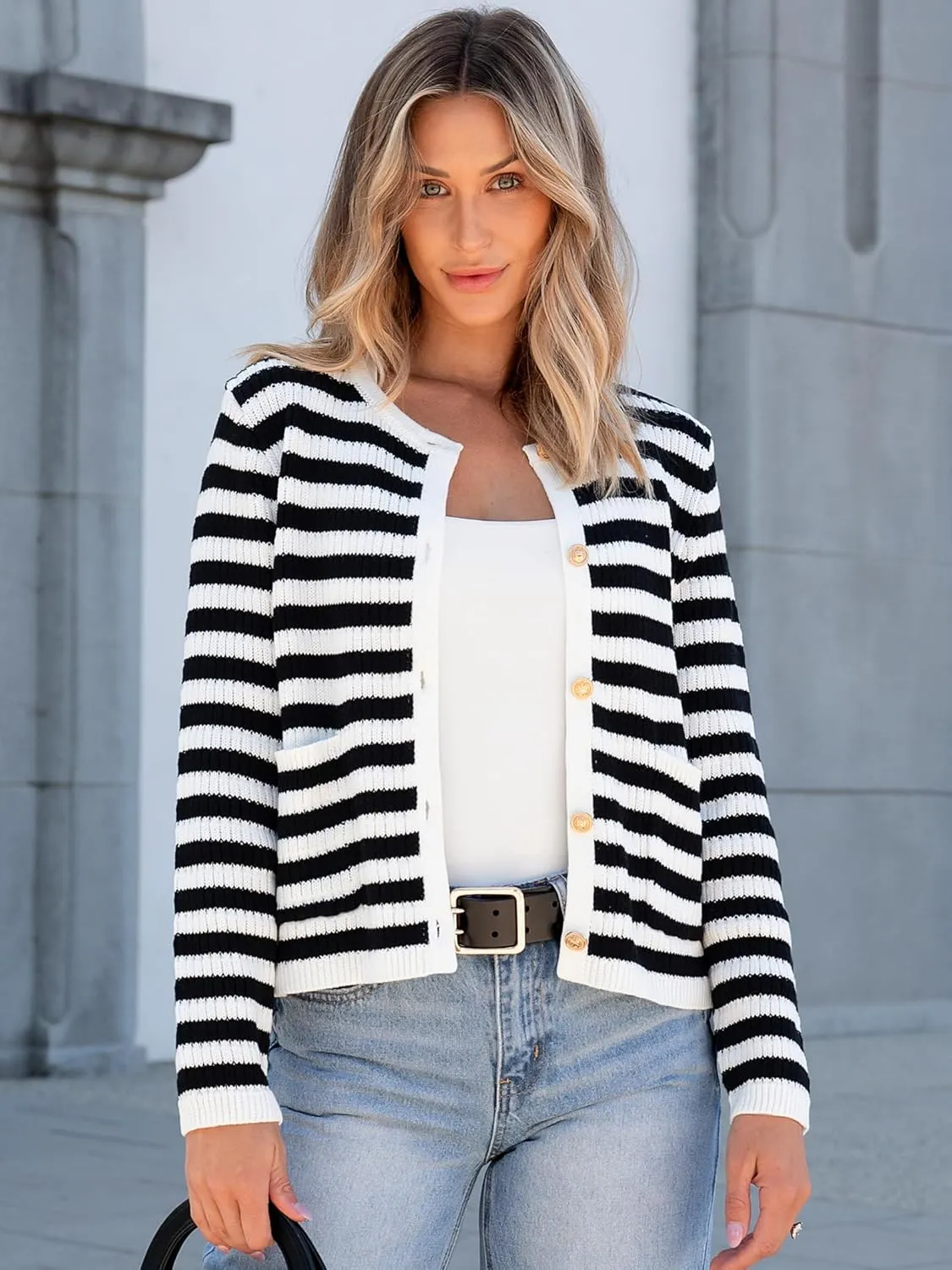 ANRABESS Women Cardigan Sweater Dressy Casual Classic Long Sleeve Crew Neck Button Down Tweed Knit Jacket 2025 Spring Outfits