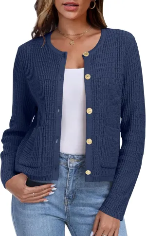 ANRABESS Women Cardigan Sweater Dressy Casual Classic Long Sleeve Crew Neck Button Down Tweed Knit Jacket 2025 Spring Outfits