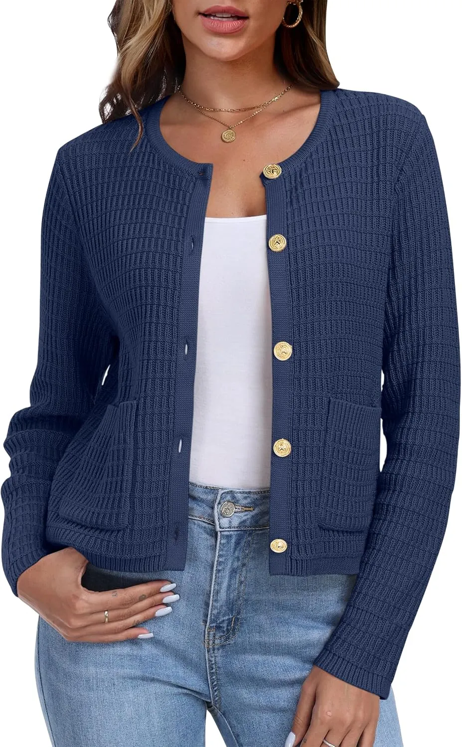 ANRABESS Women Cardigan Sweater Dressy Casual Classic Long Sleeve Crew Neck Button Down Tweed Knit Jacket 2025 Spring Outfits