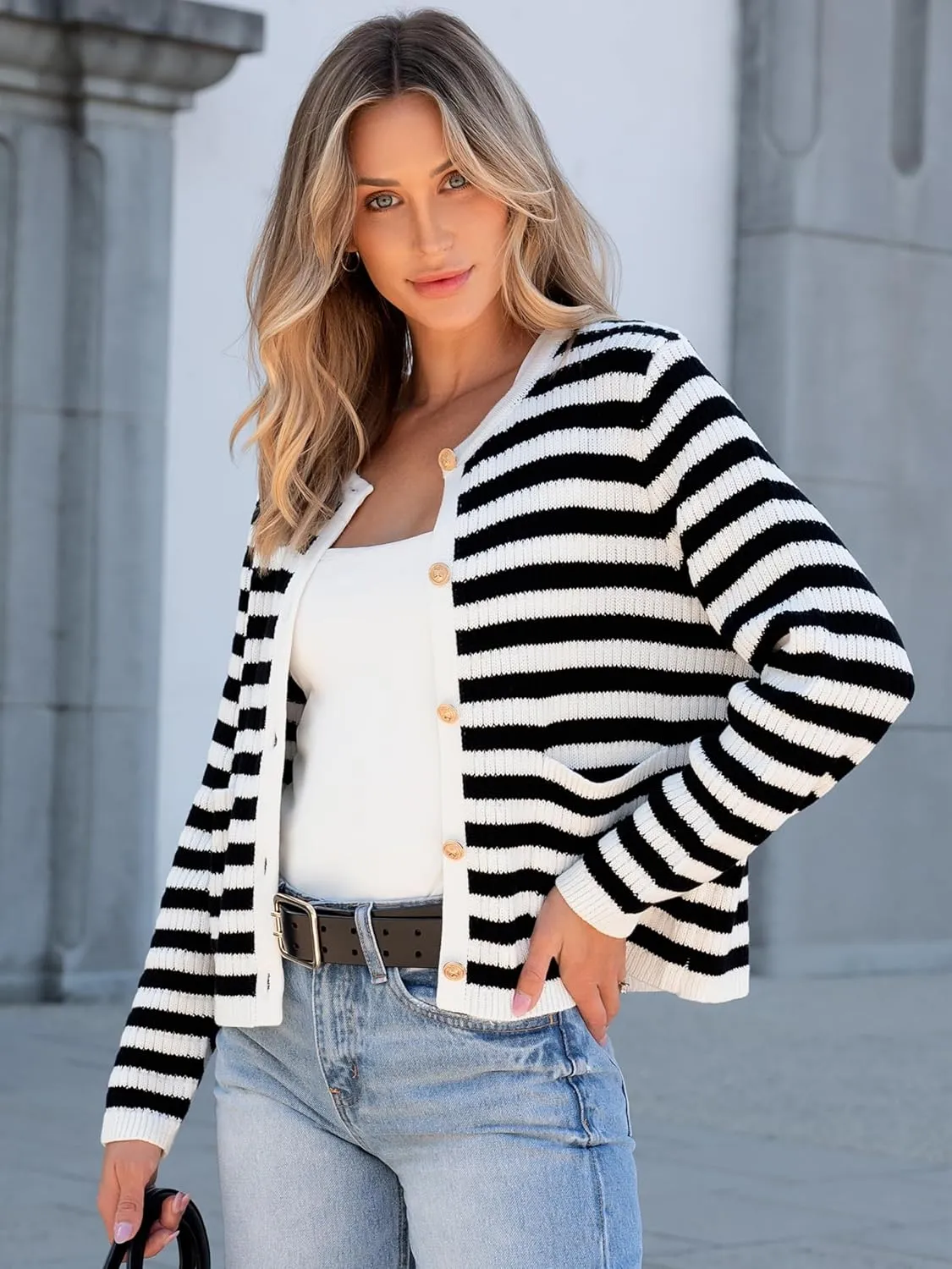 ANRABESS Women Cardigan Sweater Dressy Casual Classic Long Sleeve Crew Neck Button Down Tweed Knit Jacket 2025 Spring Outfits