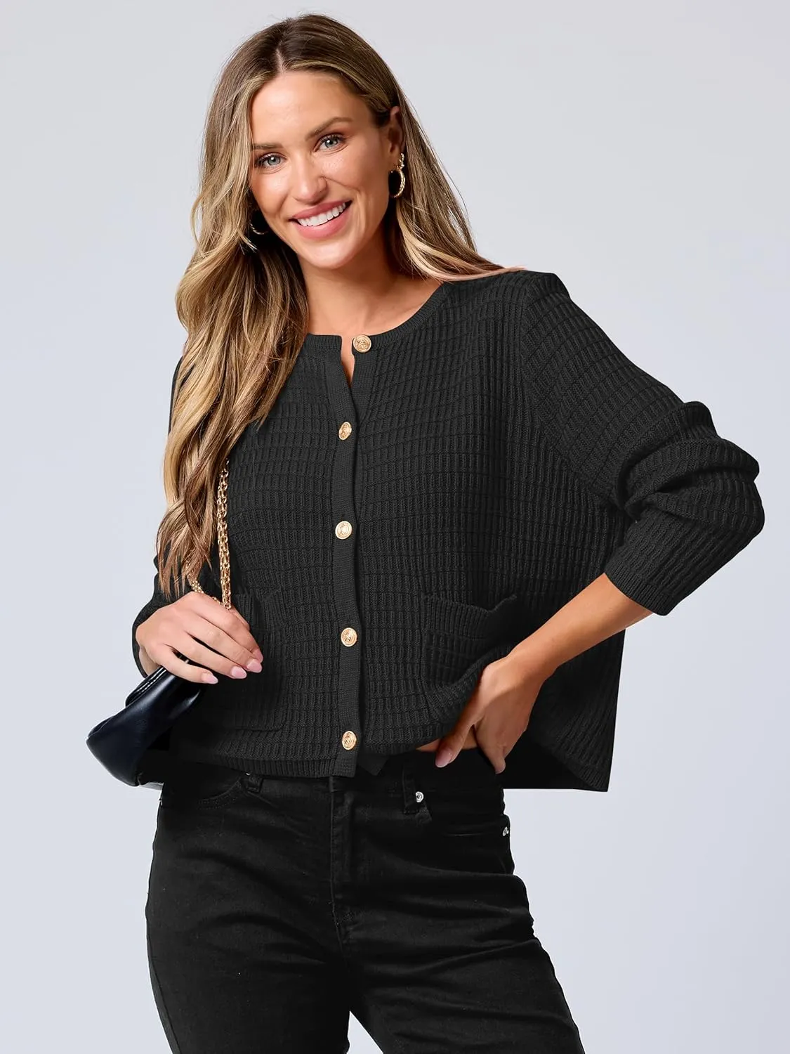 ANRABESS Women Cardigan Sweater Dressy Casual Classic Long Sleeve Crew Neck Button Down Tweed Knit Jacket 2025 Spring Outfits