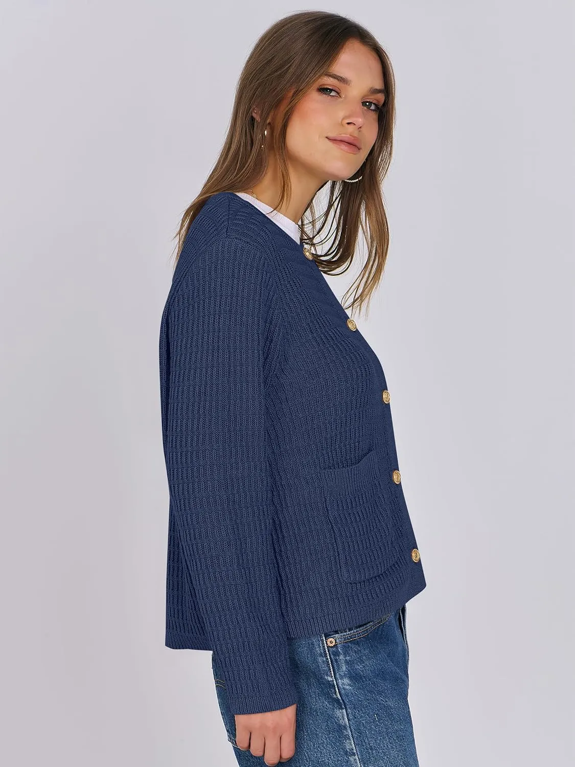 ANRABESS Women Cardigan Sweater Dressy Casual Classic Long Sleeve Crew Neck Button Down Tweed Knit Jacket 2025 Spring Outfits