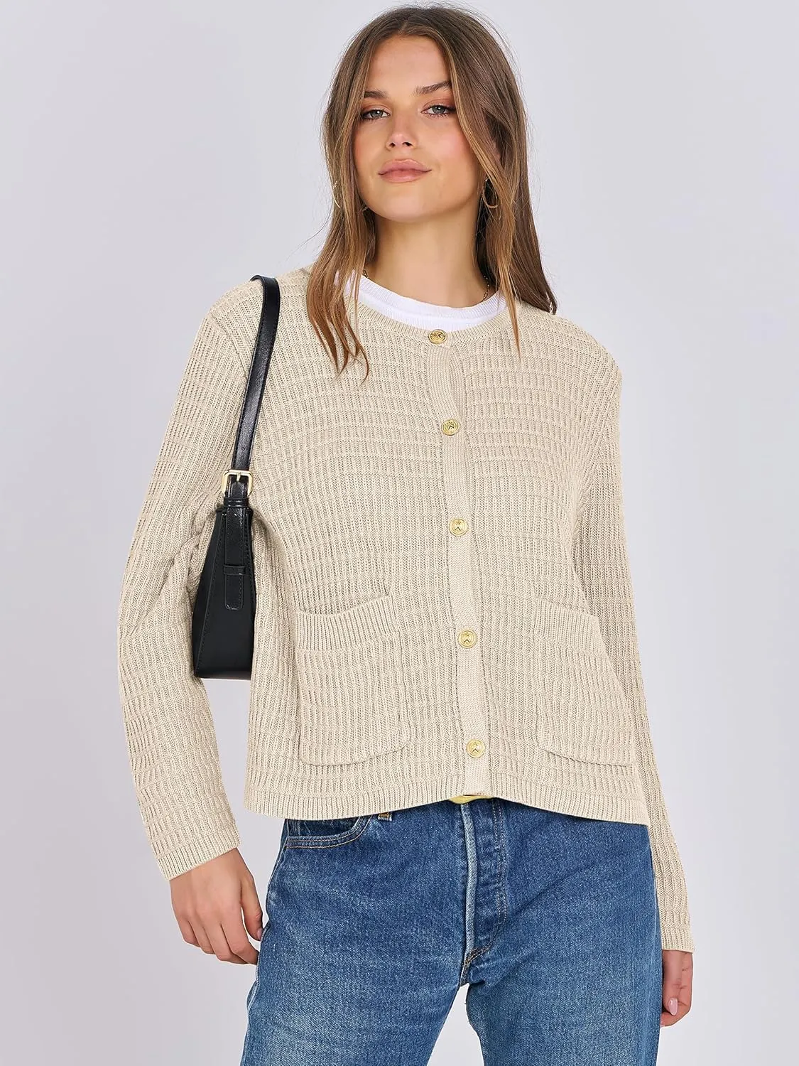 ANRABESS Women Cardigan Sweater Dressy Casual Classic Long Sleeve Crew Neck Button Down Tweed Knit Jacket 2025 Spring Outfits