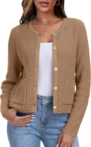 ANRABESS Women Cardigan Sweater Dressy Casual Classic Long Sleeve Crew Neck Button Down Tweed Knit Jacket 2025 Spring Outfits
