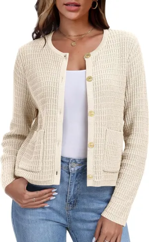 ANRABESS Women Cardigan Sweater Dressy Casual Classic Long Sleeve Crew Neck Button Down Tweed Knit Jacket 2025 Spring Outfits