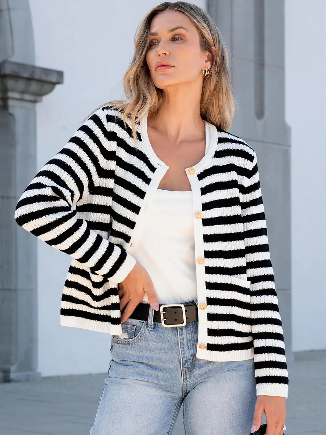 ANRABESS Women Cardigan Sweater Dressy Casual Classic Long Sleeve Crew Neck Button Down Tweed Knit Jacket 2025 Spring Outfits