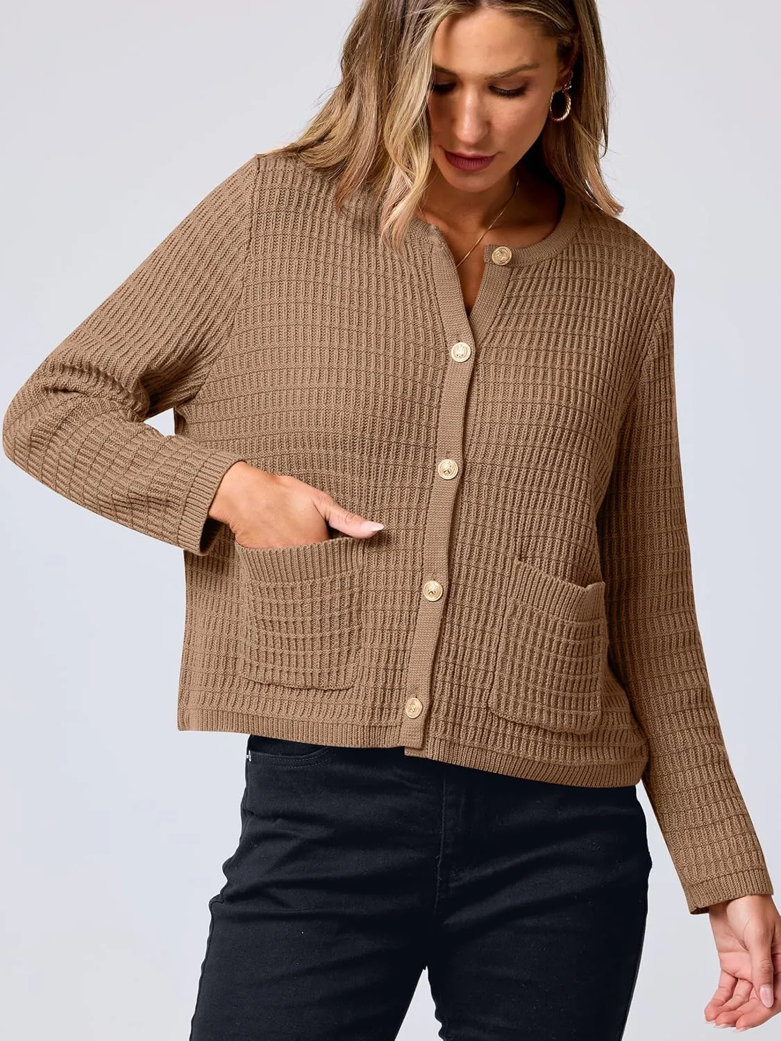 ANRABESS Women Cardigan Sweater Dressy Casual Classic Long Sleeve Crew Neck Button Down Tweed Knit Jacket 2025 Spring Outfits