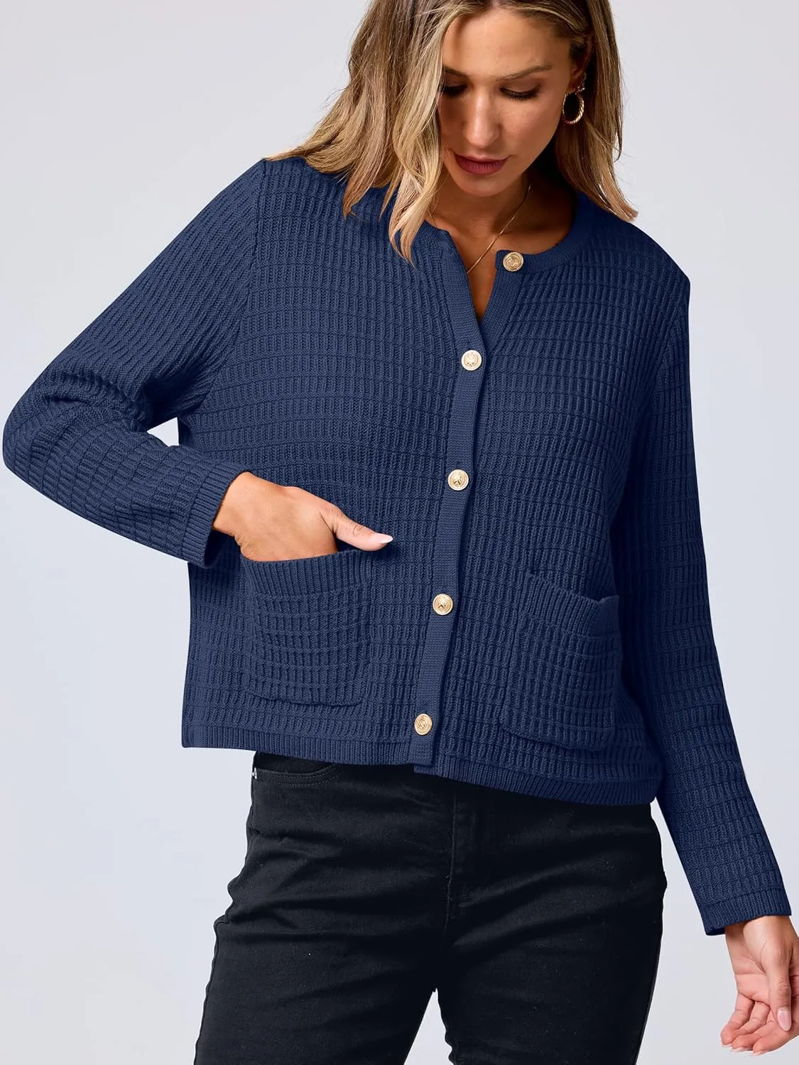 ANRABESS Women Cardigan Sweater Dressy Casual Classic Long Sleeve Crew Neck Button Down Tweed Knit Jacket 2025 Spring Outfits