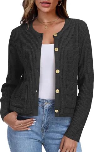ANRABESS Women Cardigan Sweater Dressy Casual Classic Long Sleeve Crew Neck Button Down Tweed Knit Jacket 2025 Spring Outfits