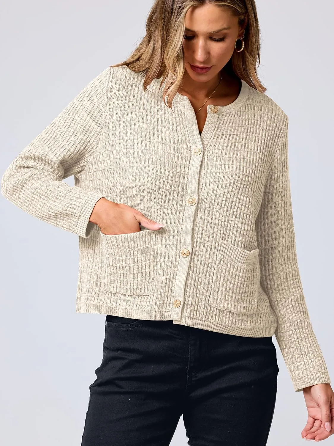 ANRABESS Women Cardigan Sweater Dressy Casual Classic Long Sleeve Crew Neck Button Down Tweed Knit Jacket 2025 Spring Outfits
