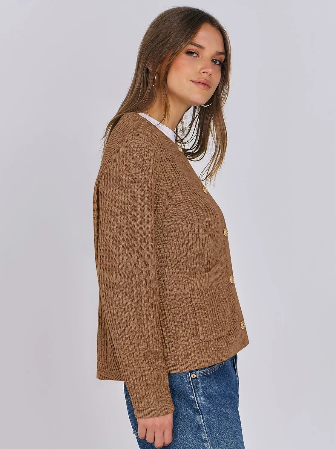 ANRABESS Women Cardigan Sweater Dressy Casual Classic Long Sleeve Crew Neck Button Down Tweed Knit Jacket 2025 Spring Outfits