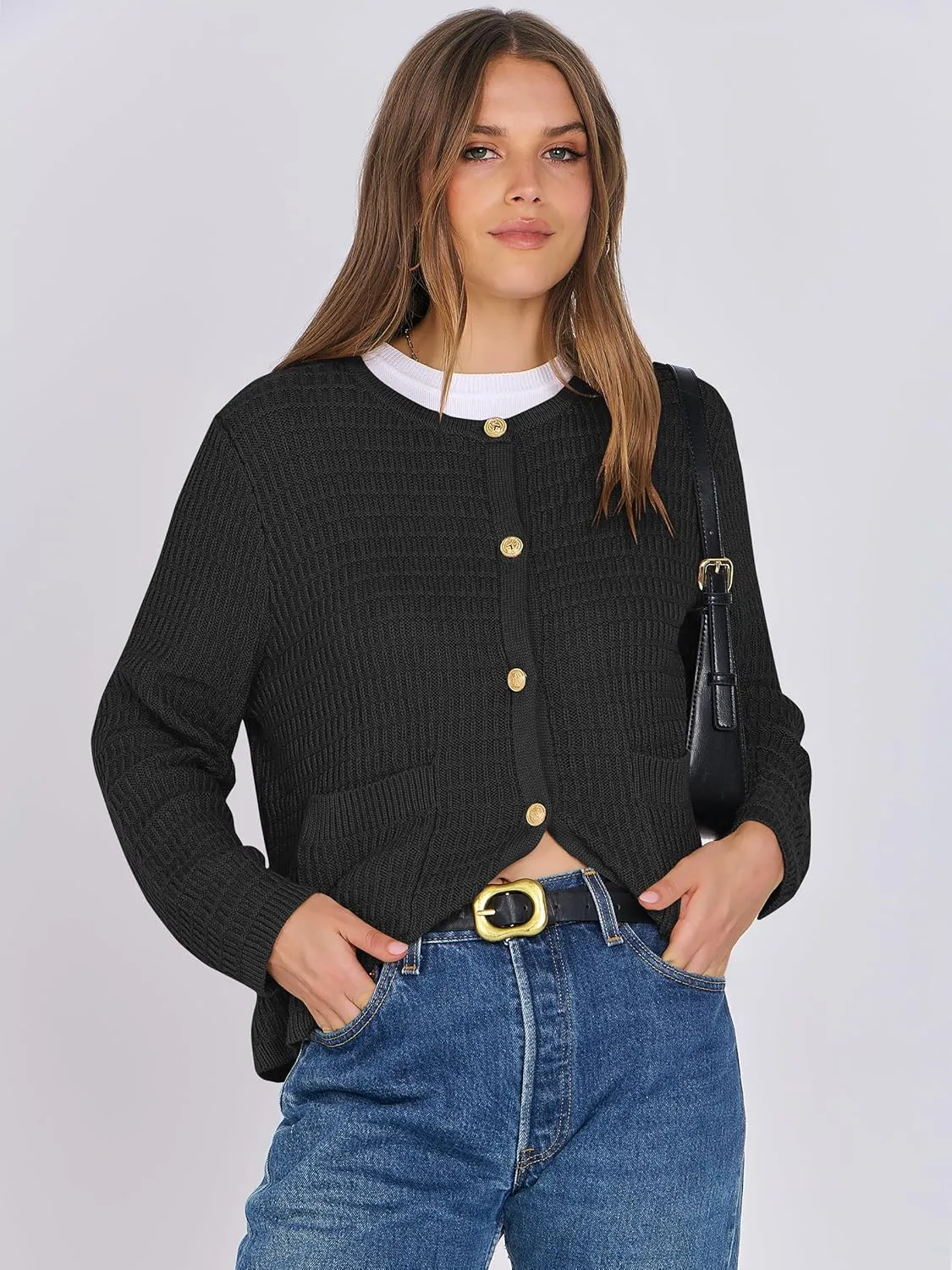 ANRABESS Women Cardigan Sweater Dressy Casual Classic Long Sleeve Crew Neck Button Down Tweed Knit Jacket 2025 Spring Outfits