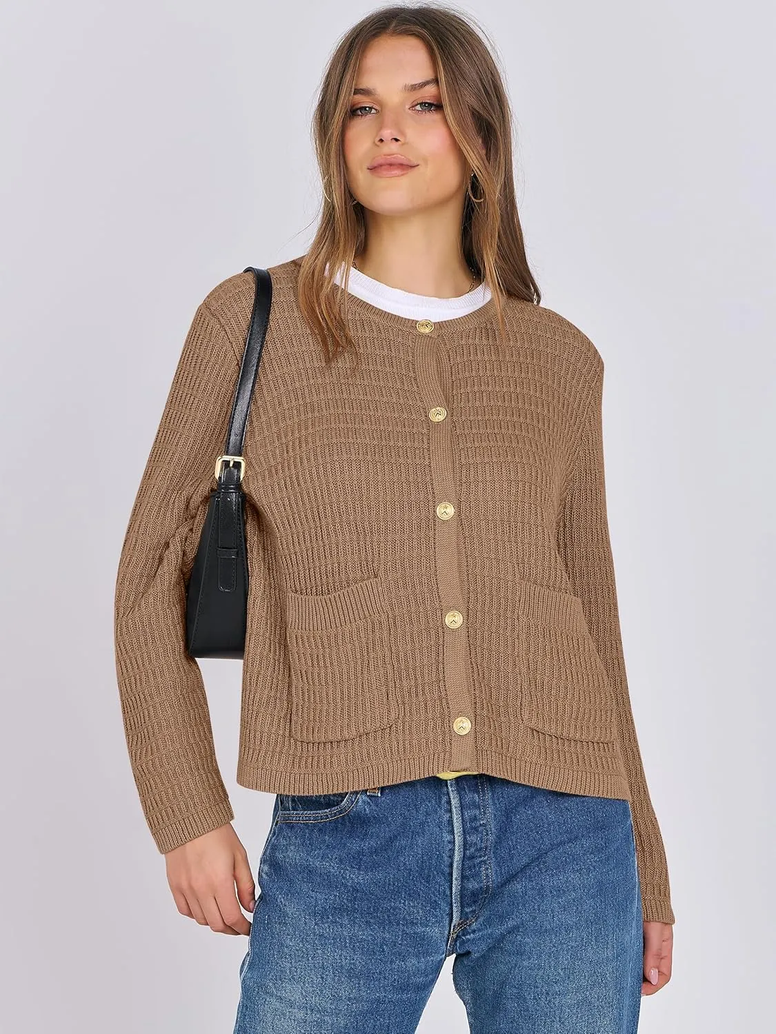 ANRABESS Women Cardigan Sweater Dressy Casual Classic Long Sleeve Crew Neck Button Down Tweed Knit Jacket 2025 Spring Outfits