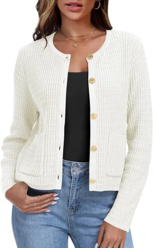 ANRABESS Women Cardigan Sweater Dressy Casual Classic Long Sleeve Crew Neck Button Down Tweed Knit Jacket 2025 Spring Outfits