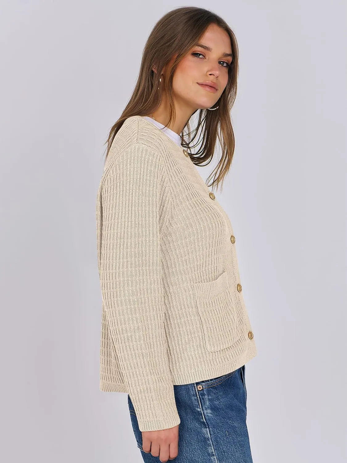 ANRABESS Women Cardigan Sweater Dressy Casual Classic Long Sleeve Crew Neck Button Down Tweed Knit Jacket 2025 Spring Outfits
