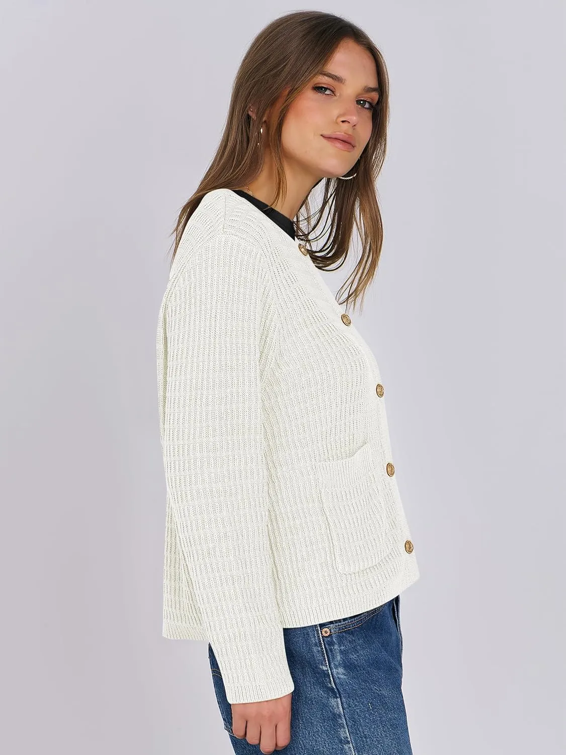 ANRABESS Women Cardigan Sweater Dressy Casual Classic Long Sleeve Crew Neck Button Down Tweed Knit Jacket 2025 Spring Outfits