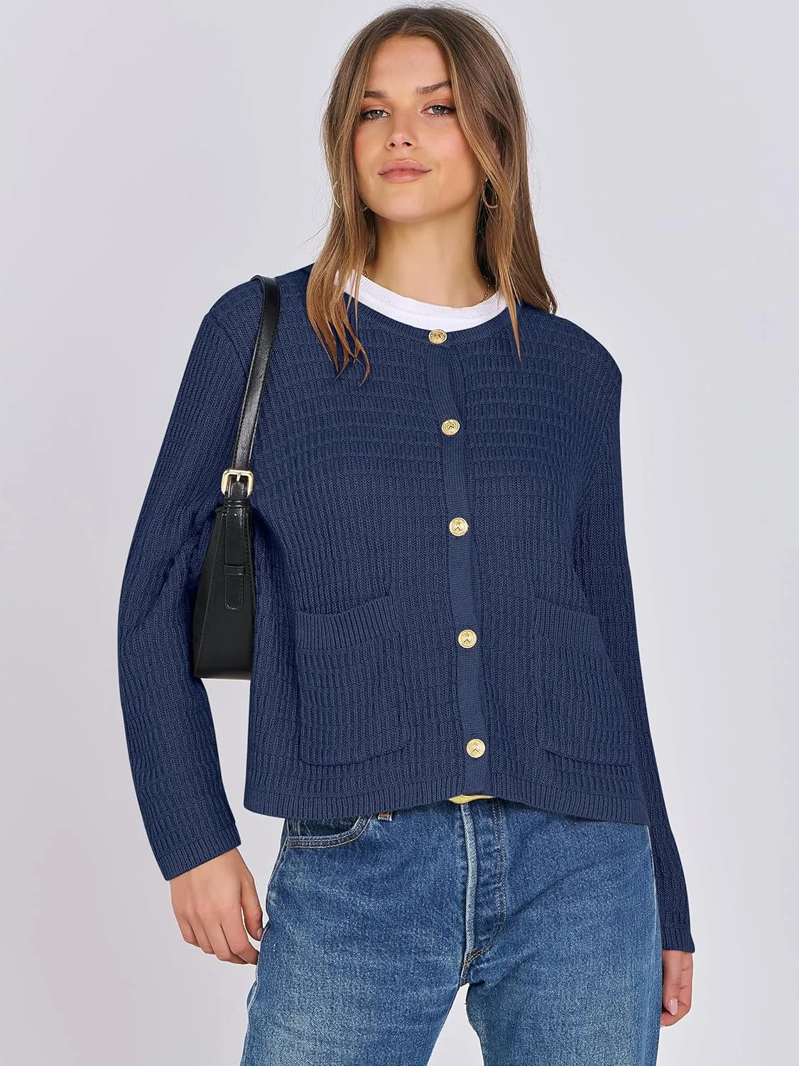 ANRABESS Women Cardigan Sweater Dressy Casual Classic Long Sleeve Crew Neck Button Down Tweed Knit Jacket 2025 Spring Outfits