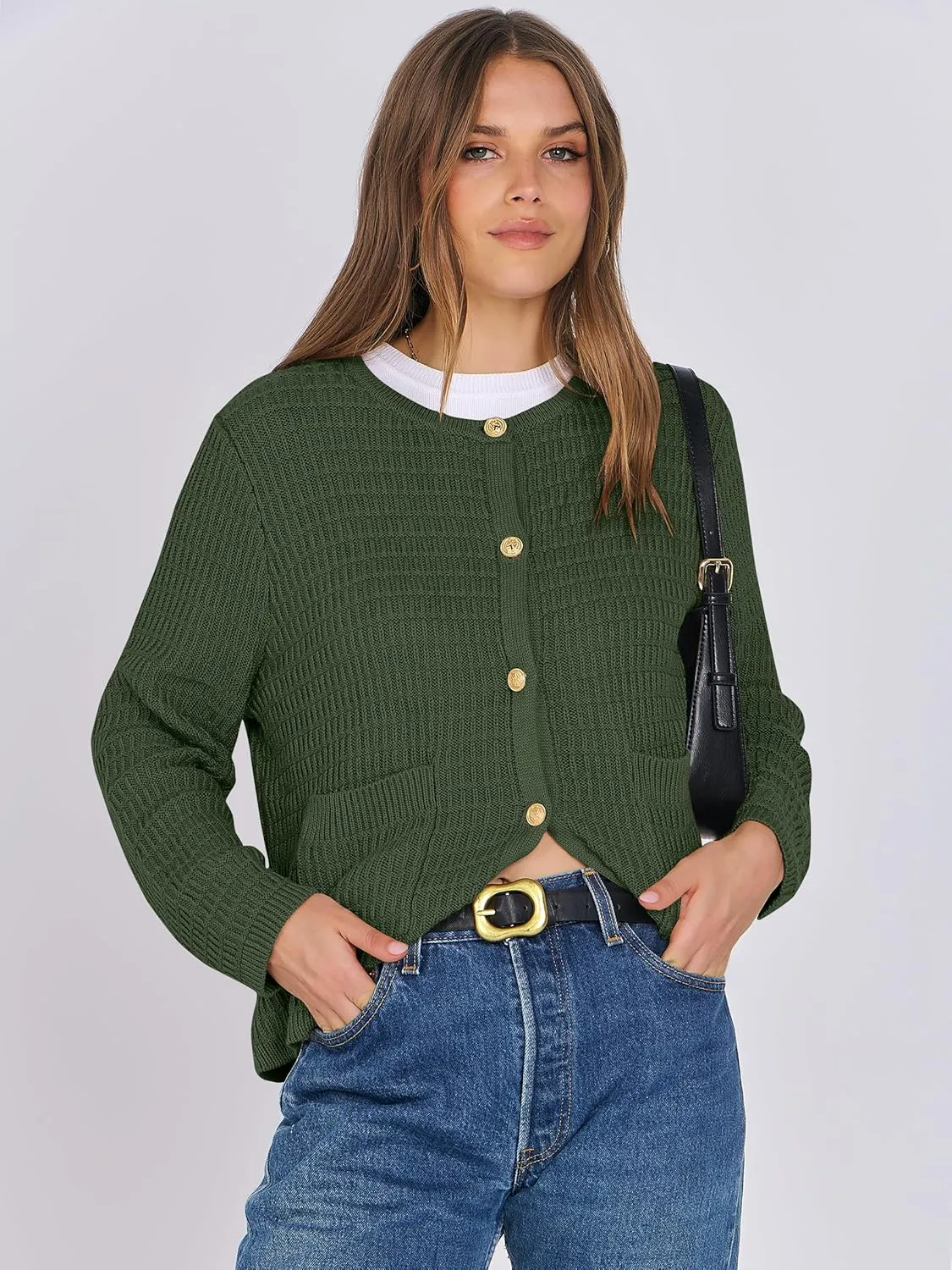 ANRABESS Women Cardigan Sweater Dressy Casual Classic Long Sleeve Crew Neck Button Down Tweed Knit Jacket 2025 Spring Outfits